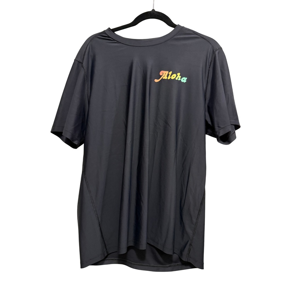 Old Navy Mens Black Aloha State of Mind Swim Shirt Rash Guard Large Short Sleeve